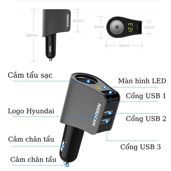 Tẩu Sạc Ô Tô, Xe Hơi HYUNDAI HY10, Tẩu Sạc Nhanh Ô Tô Có 3 Cổng USB, 1 Tẩu Sạc, Điện Áp 4.8A