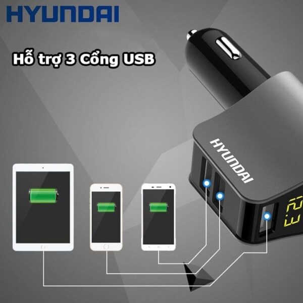 Tẩu Sạc Ô Tô, Xe Hơi HYUNDAI HY10, Tẩu Sạc Nhanh Ô Tô Có 3 Cổng USB, 1 Tẩu Sạc, Điện Áp 4.8A