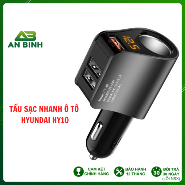 Tẩu Sạc Ô Tô, Xe Hơi HYUNDAI HY10, Tẩu Sạc Nhanh Ô Tô Có 3 Cổng USB, 1 Tẩu Sạc, Điện Áp 4.8A