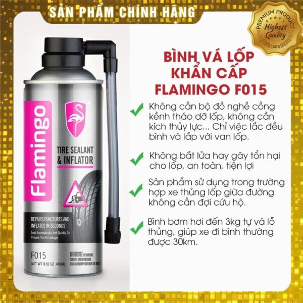 Chai Vá Lốp, Bơm Lốp Khẩn Cấp Tự Động FLAMINGO F015 Dùng Cho Ô Tô, Xe Máy, Xe Đạp Điện 450ml