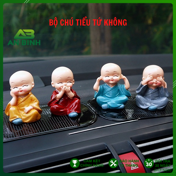 Bộ 4 Tượng Chú Tiểu Tứ Không Để Taplo Trang Trí Xe Ô Tô, Bàn Làm Việc, Bàn Học