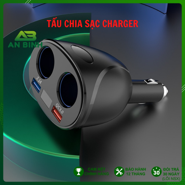 Bộ Chia Tẩu Sạc Ô Tô CHARGER Không Dây – Chia 2 Cổng Tẩu, 2 Cổng USB Cao Cấp Trên Ô Tô